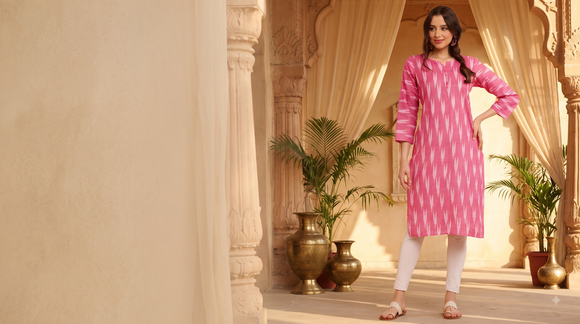 Two women in muted ethnic wear walking through a sunlit courtyard